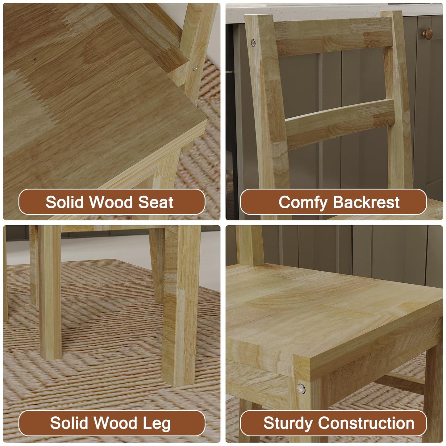 Orweiin 43.3 inch Solid Wood Indoor Modern Rectangular Dining Table Set for 4, Table and 4 Solid Wood Dining Chairs for Kitchen, Bar, Living Room, Breakfast Nook, Natural