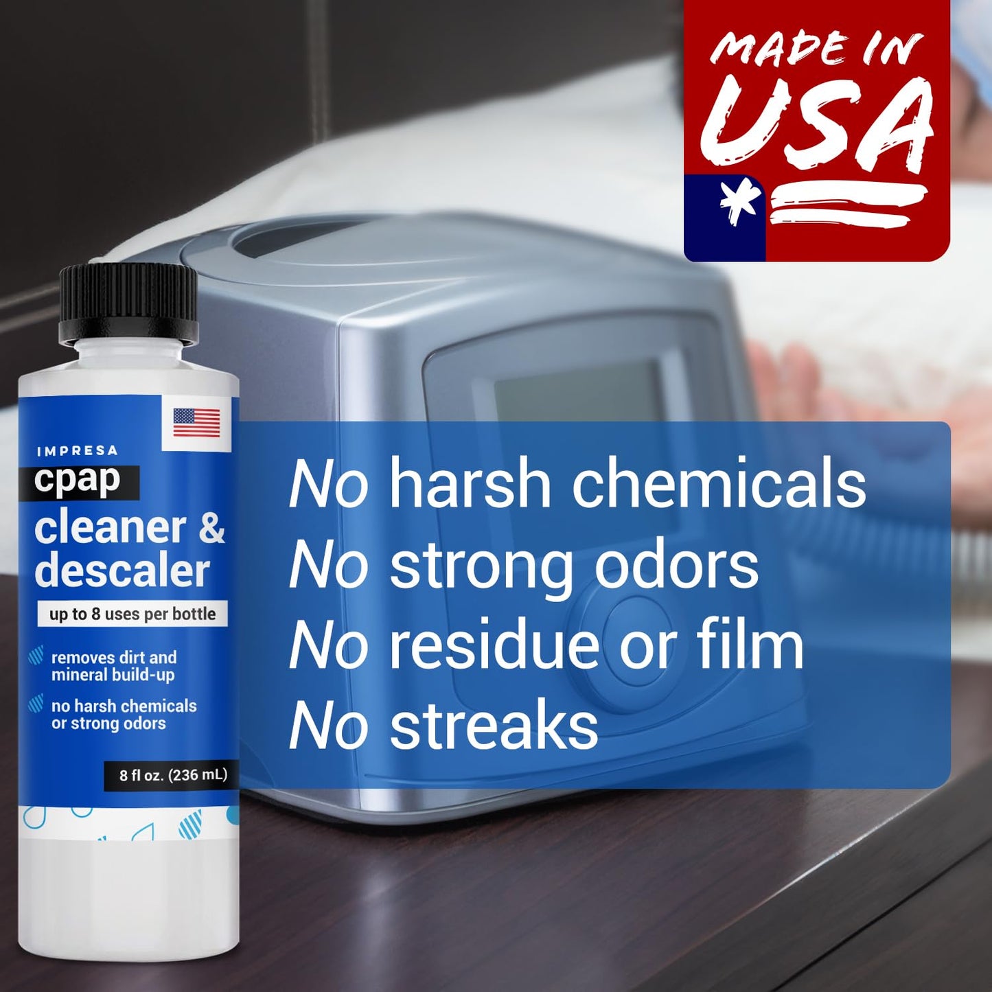 IMPRESA CPAP Cleaning Solution - 2-Pack, 8 Fl Oz Bottles - Residue-Free Citric Acid Descaler - Safe Plastic Component & Sleep System Cleaner - Travel-Friendly Pack
