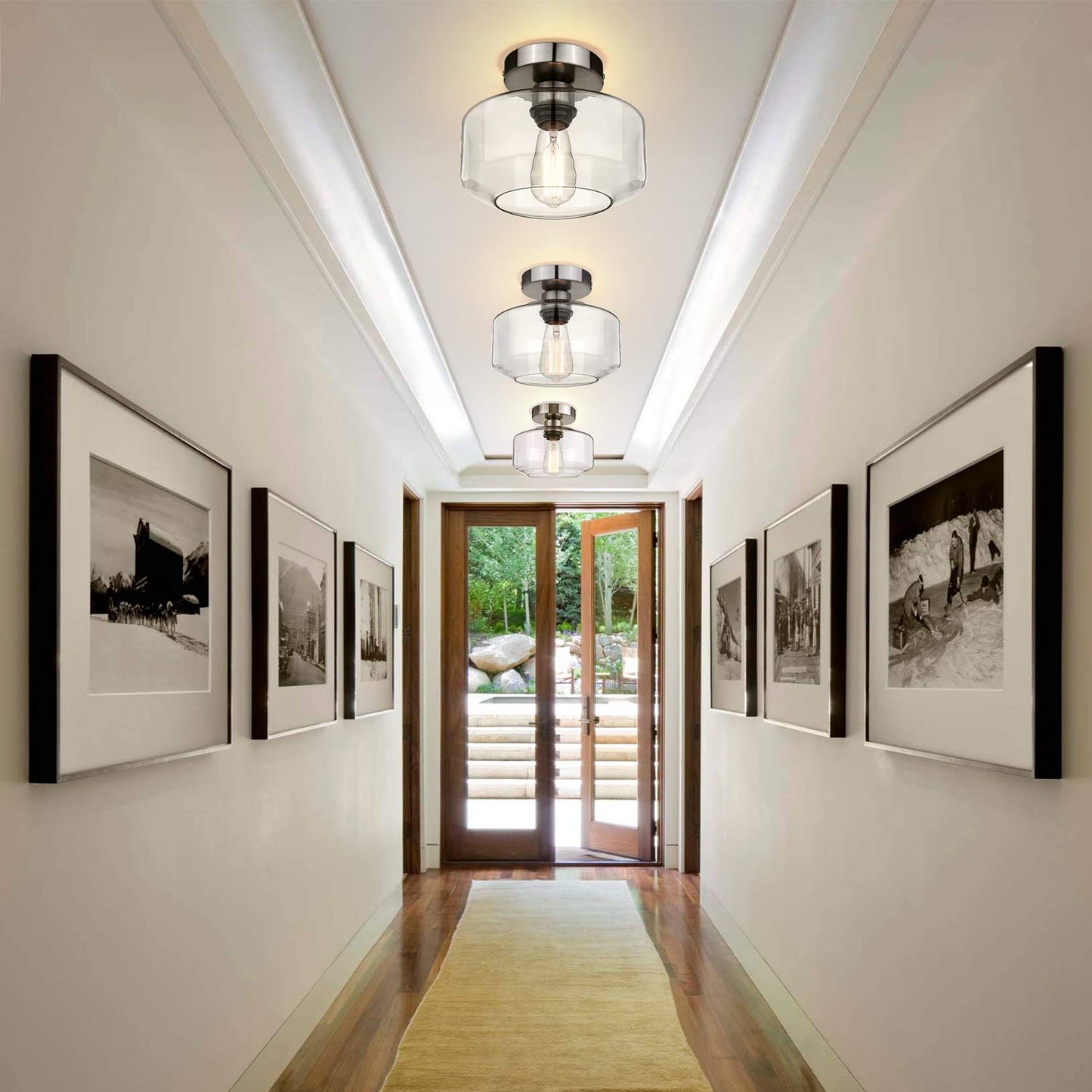 MAXvolador Industrial Semi Flush Mount Ceiling Light Brushed Nickel, Clear Glass Pendant Lamp Shade Farmhouse Lighting Hallway, Hanging Light Fixture