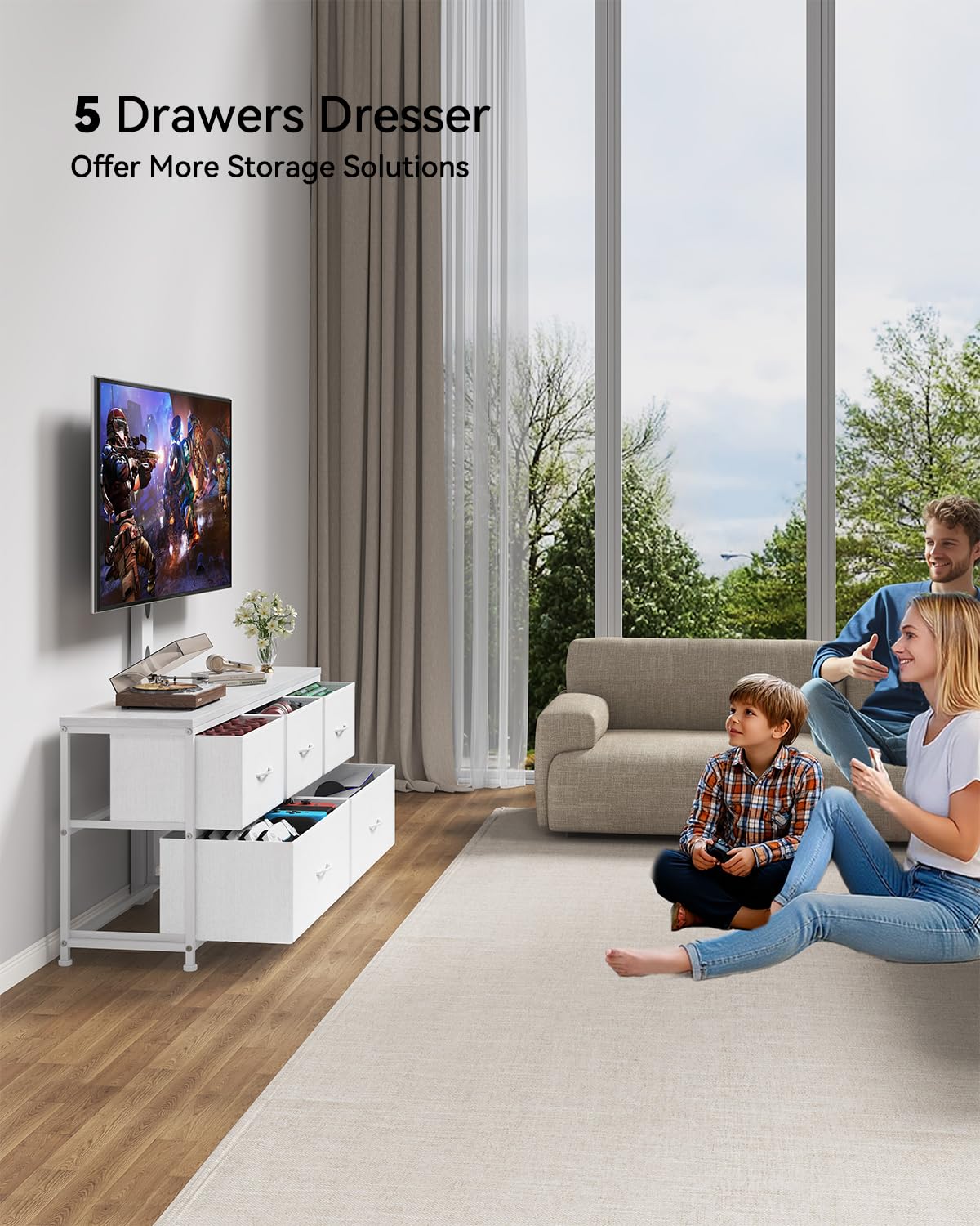 DrawXynth TV Stand with Mount, Fabric Dresser with 5 Drawers for 32/45/55/60/65/75 inch TVs, White Dresser Entertainment Center, Modern Media TV Console Table