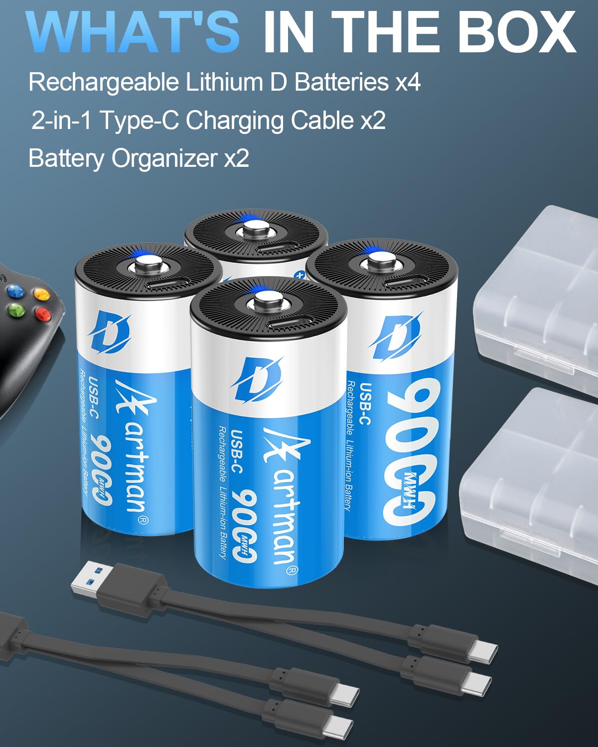 Artman Rechargeable Lithium D Batteries 4 Pack, 9000mWh Rechargeable Lithium-ion D Cell Battery with 2 in 1 USB-C Charging Cable, 1.5V Batteries D Size for Floodlight Toys, Water Heater, Gas Stove