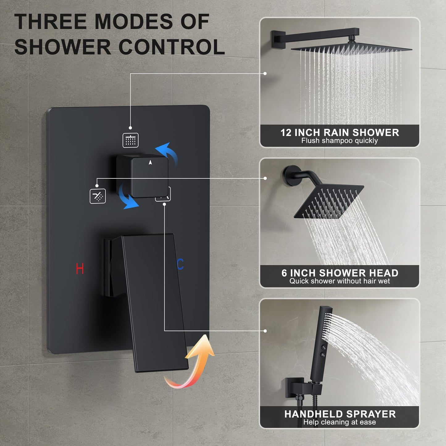 FAROLAN Rain Shower System Matte Black Shower Faucet Set, Dual Rainfall Shower Head Set with 2 in 1 Handheld Spray, Wall Mounted Bathroom 12-inch & 6-inch Square Showerheads with Valve, Matte Black