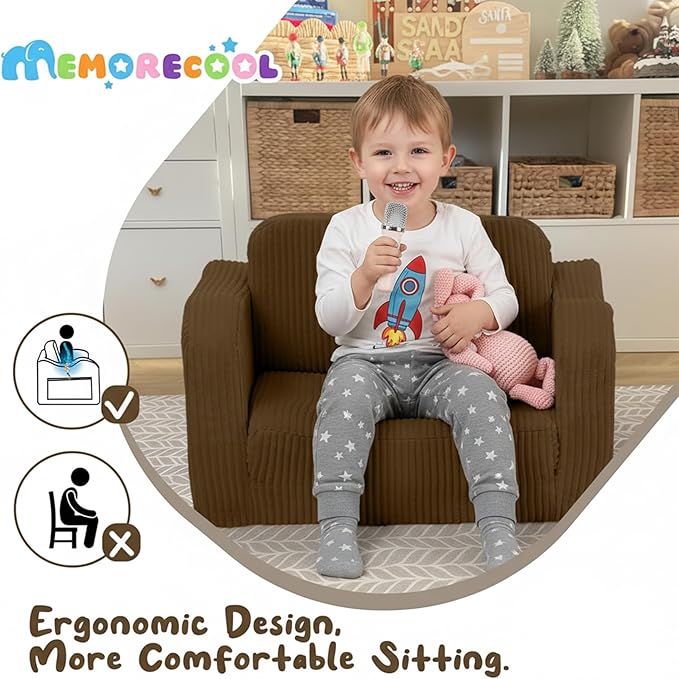 MeMoreCool Toddler Lounge & Sofa Bed Chair – Corduroy, Brown, Ages 1‑3 | 2‑in‑1 Fold‑Out Kids Couch & Pull‑Out Recliner for Playtime, Nap Time & Lounging