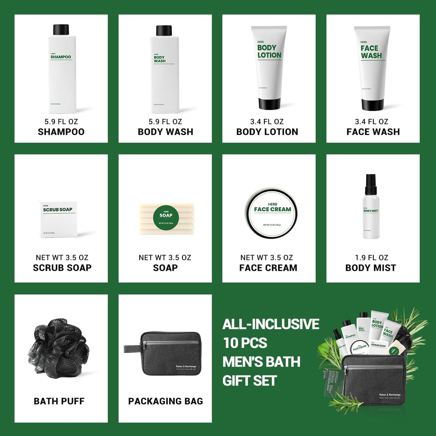 Gift Baskets for Men, 10 Pcs Herbal Mens Spa Set, Bath and Body Fathers Day Gift Baskets Includes Shower Gel, Face Wash, Face Cream & More, Fathers Day Gifts for Husband Dad, Birthday Gifts for Men