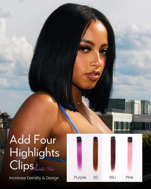 Arabella 12inch 6x6 Bob Wig Human Hair and 4 Pcs 1B/Purple Clip in Hair Extensions Ready to Go Glueless Wig Real 210% Density Straight Glueless Bob Wigs Human Hair Pre Cut Lace Pre Bleached Tiny Knots