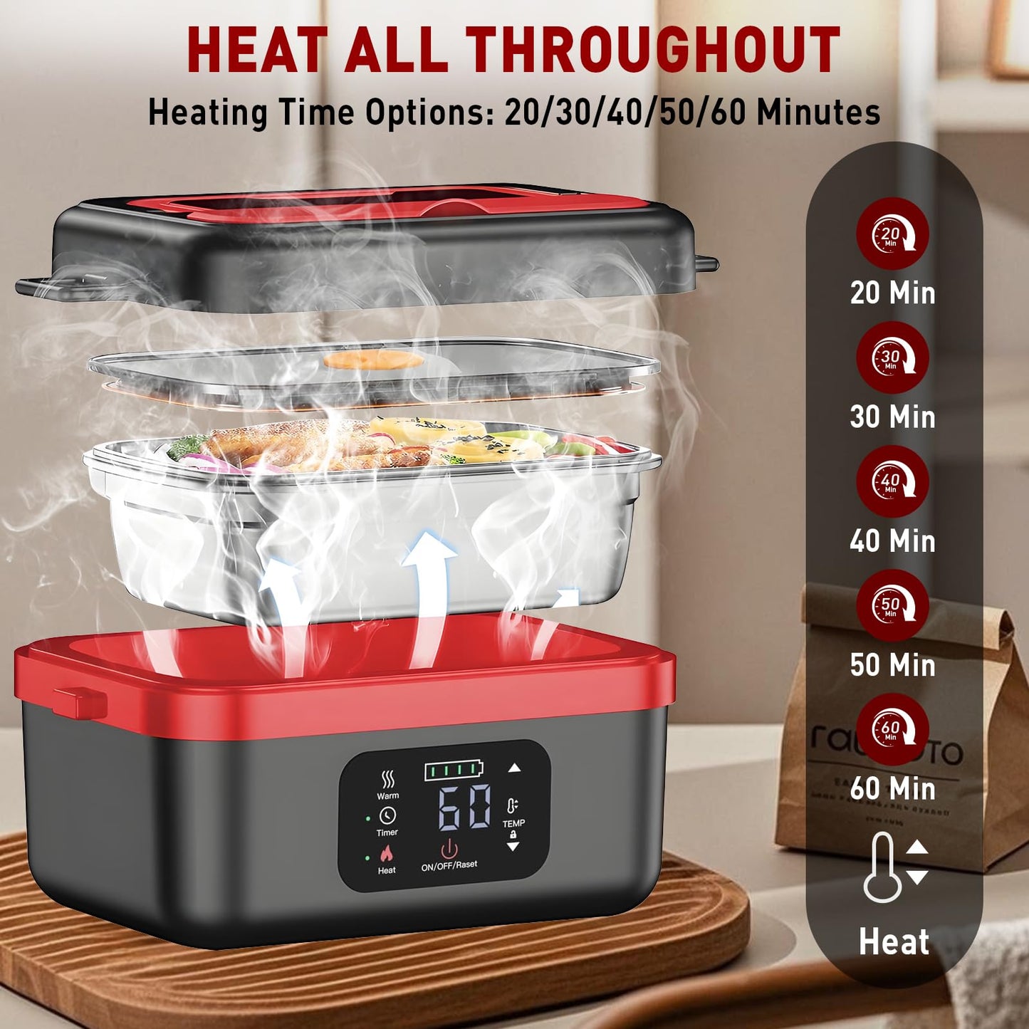 JingHua Cordless Electric Heated Lunch Box for Men Women, 1L Rechargeable Lunch Box Self-Heating Food Warmer with Keep Warm Function Ideal for Indoor Outdoor Work Office Camping Travel