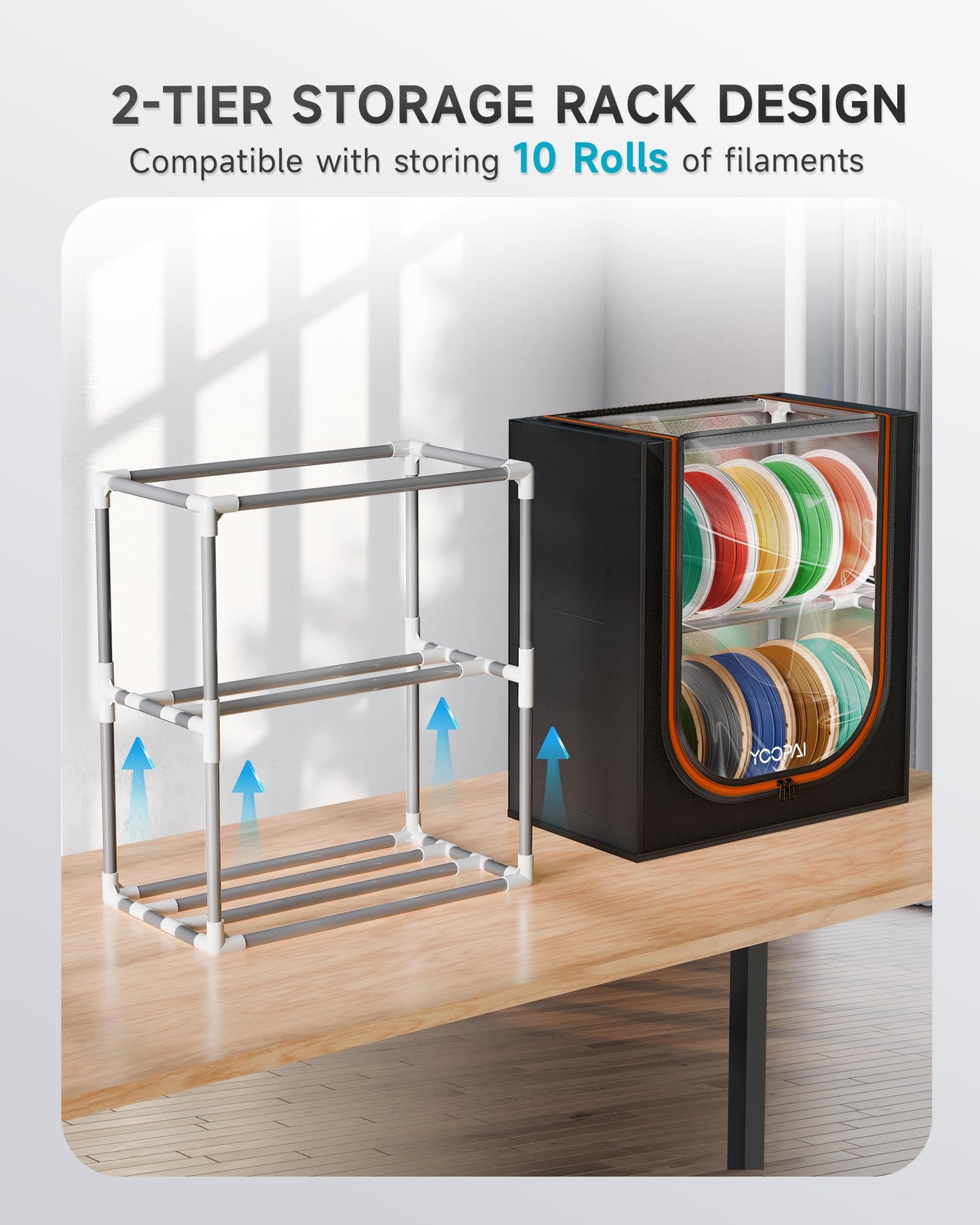 YOOPAI 3D Printer Filament Storage Box with Desiccants - 2 Tiers Metal Filament Storage Rack with Cloth Cover,Holds Up to 12 Rolls of Filaments - 3D Filament Holder for Home, Office Workshop, Studio