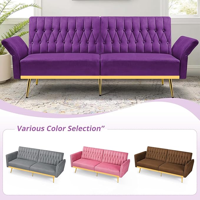 ACMEASE 70” Velvet Futon Sofa Bed with 2 Pillows and Adjustable Armrests, Convertible Sleeper Bed W/Adjustable Backrests, Modern Loveseat for Living Room, Bedroom, Purpel
