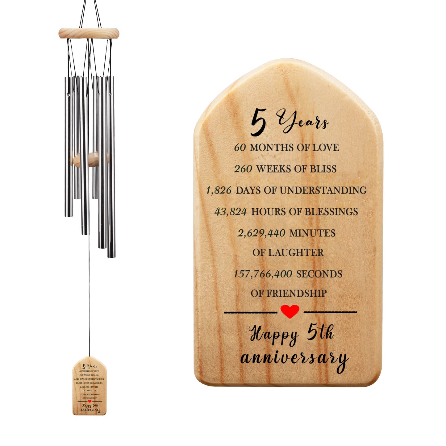 5th Annniversary Wind Chime Gifts for Couples, Happy 5th Ideas, 5 Years of Marriage Wedding Keepsake, 5 Years Anniversary, Wooden Wedding