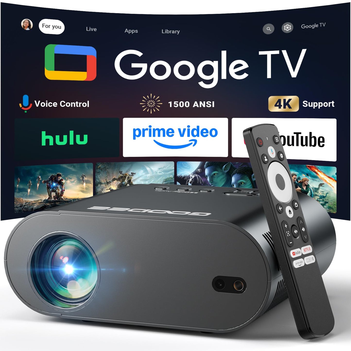 [Google TV/Voice Control]GooDee 4K UHD Smart Projector with WiFi and Bluetooth, Portable Movie Projector Applicable Netflix,Prime Video,YouTube Built-in, Dolby Sound Home Theater for Indoor/Outdoor