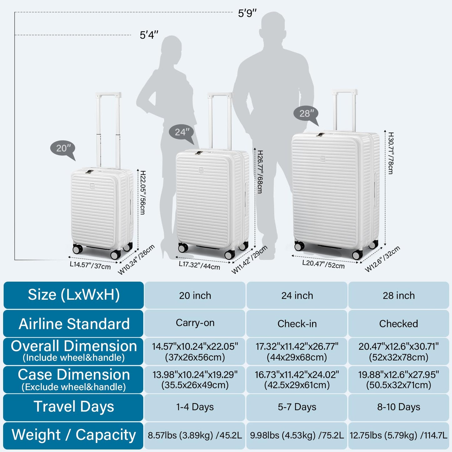 HanTrip Hard Shell Suitcases 24 Inch Check in Luggage with Spinner Wheels Cup Holder, Lightweight Top Opening Expandable Luggage Hard Case Rolling Medium Checked Suitcase with Lock, White