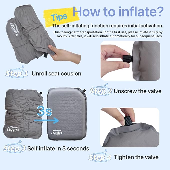 LEOVITA Inflatable Seat Cushion Lightweight Self-Inflating Memory Foam Cushion for Stadium Camping Bleachers Airplane Travel Waterproof Portable Blow Up,Gray
