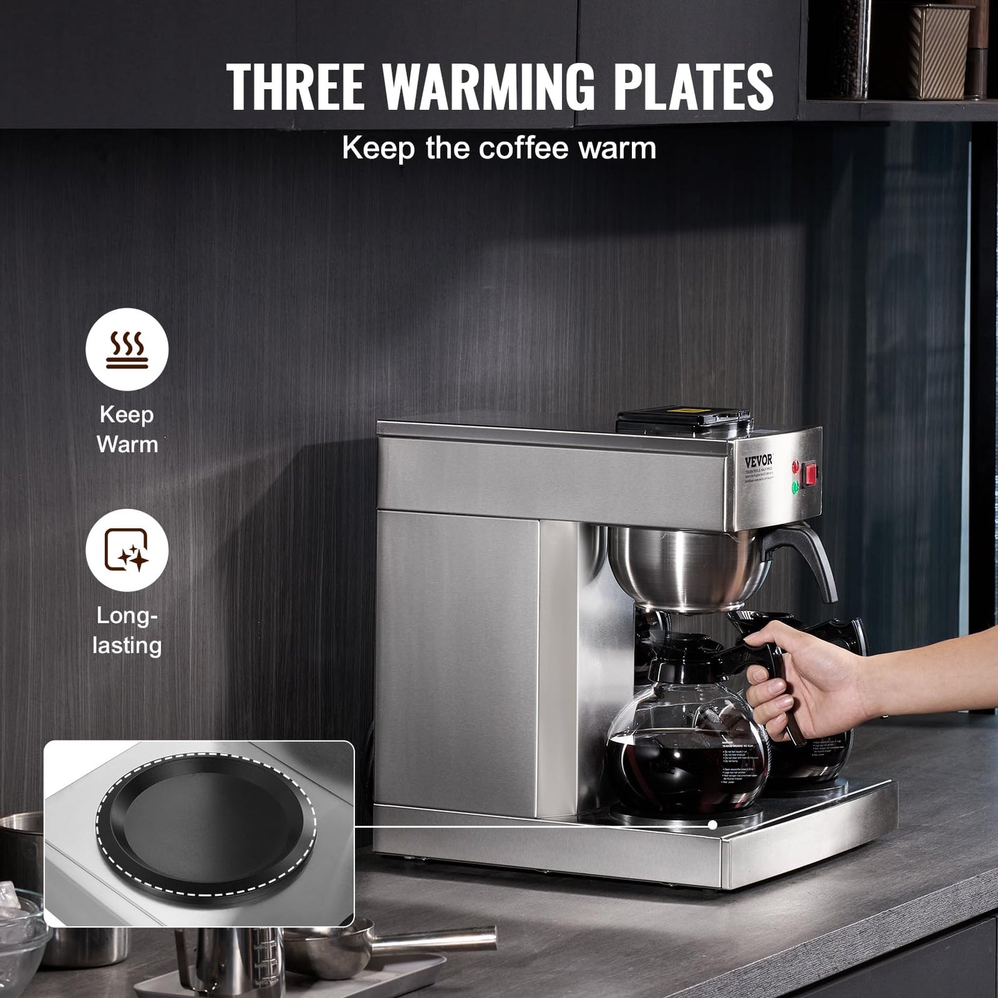 VEVOR 12 Cups Commercial Drip Coffee Maker, Coffee Maker Machine with 3 Glass Carafes and 3 Warmer Plates, Stainless Steel Pour Over Coffee Brewer for Restaurant, Office, Cafe