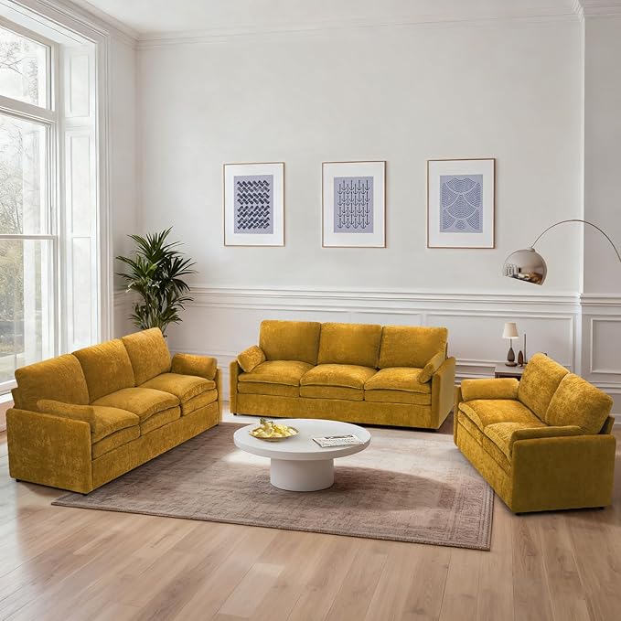 ACMEASE 3 Pieces Chenille Sofa Set w/Arm Pillows, Upholstered Loveseat & 2 Pieces 3 Seater Sofa w/Comfortable Back Cushions, Modern 2-Seat & 3-Seat w/High-Density Foam for Living Room, Yellow