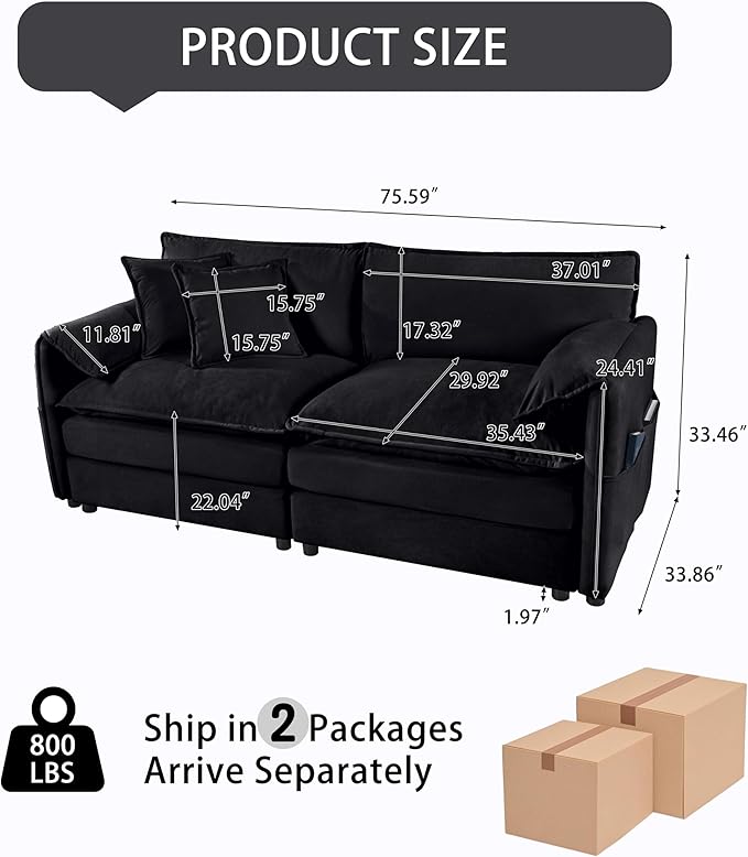 RENDGO 76" Modular Sectional Sofa, Chenille Cloud Couch for Living Room & Apartment, Deep Seat Comfort, Flexible Loveseat Combination Sofa for Home & Office,Black