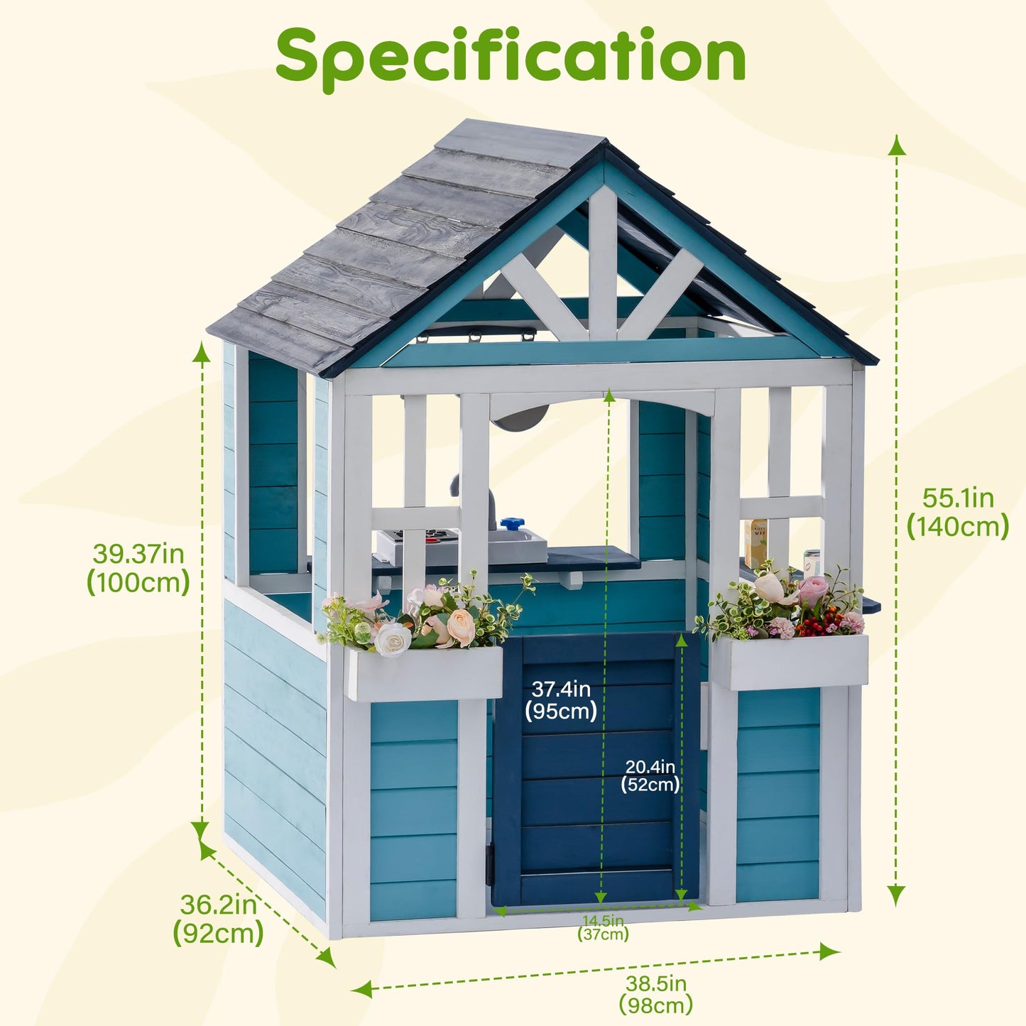 ROBUD Outdoor Playhouse, Wooden Play House for Kids Outdoor with Snack Bar, Flowerpot Holders, Sink, Stove, Cookware, Outdoor playset for Kids Ages 3+