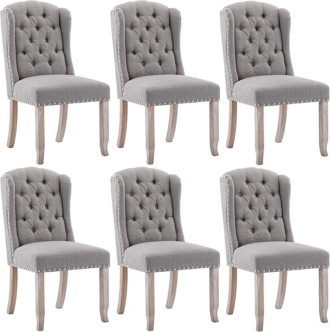 DUOMAY Modern Tufted Dining Chairs Set of 6, Linen Upholstered Dining Room Chairs Armless Guest Side Chair for Kitchen Dining Room, Wingback Accent Chairs with Solid Wood, Grey