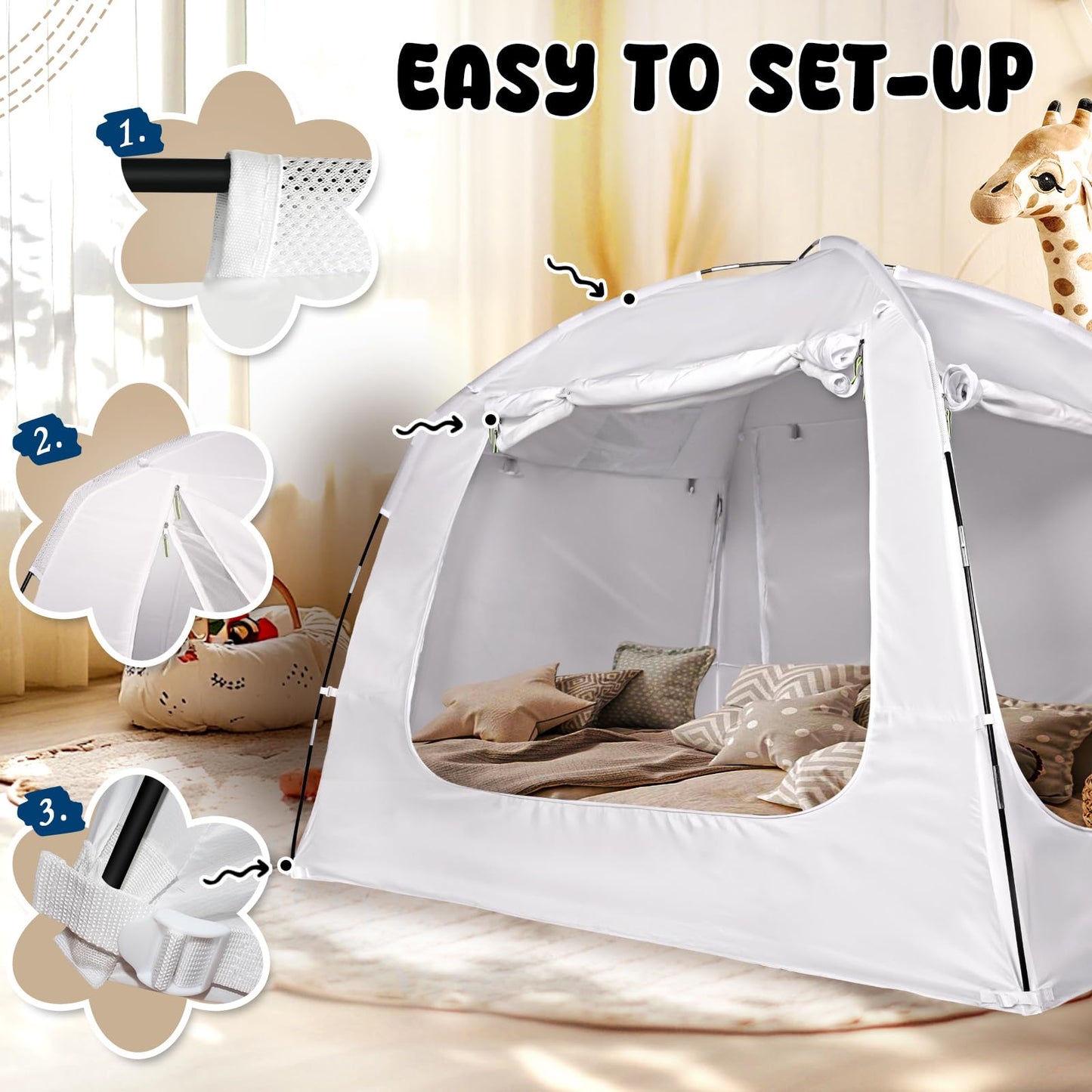RIYDH Bed Tent Bed Canopy Full Size for Kid and Adults 100% Breathable Tents 4 Doors 80% Blackout - Indoor Portable Sleeping Tents Privacy Large Space with String Light