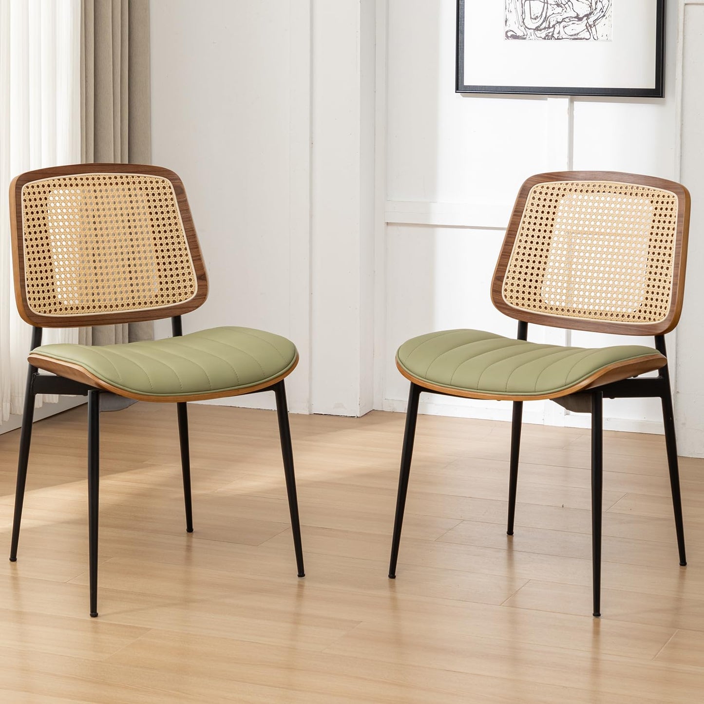 YOUUGIOR Rattan Dining Room Chairs Set of 4,Mid Century Modern Green PU Leather Kitchen Chair,Upholstered Seat Metal Legs Chairs with Adjustable Foot Pads,Walnut Armless Side Chairs