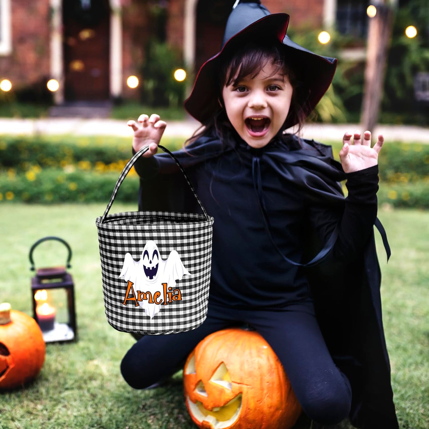 Magic Lunar Personalized Halloween Trick or Treat Bag with Name, Custom Candy Basket, Costume Ghost Bat Pumpkin Bucket, Gift Goodie Bags for Kids