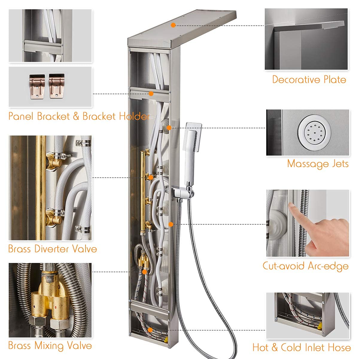 ROVATE Rainfall Waterfall Shower Tower Panel System, 304 Stainless Steel Bathroom Shower Panel Tower with 5 Body Sprays and Flexible Handheld Shower, Shower Column Wall Mount, Delicate Brushed Finish