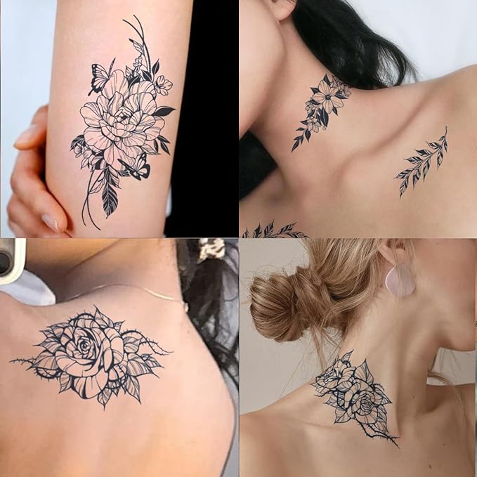 CHARLNET 5 Sheets Flower Semi-Permanent Tattoos for Women - 2 Weeks Long Last Rose Fake Tattoos for Women Arm Body/Fades Naturally/No Reflection/Waterproof/Realistic