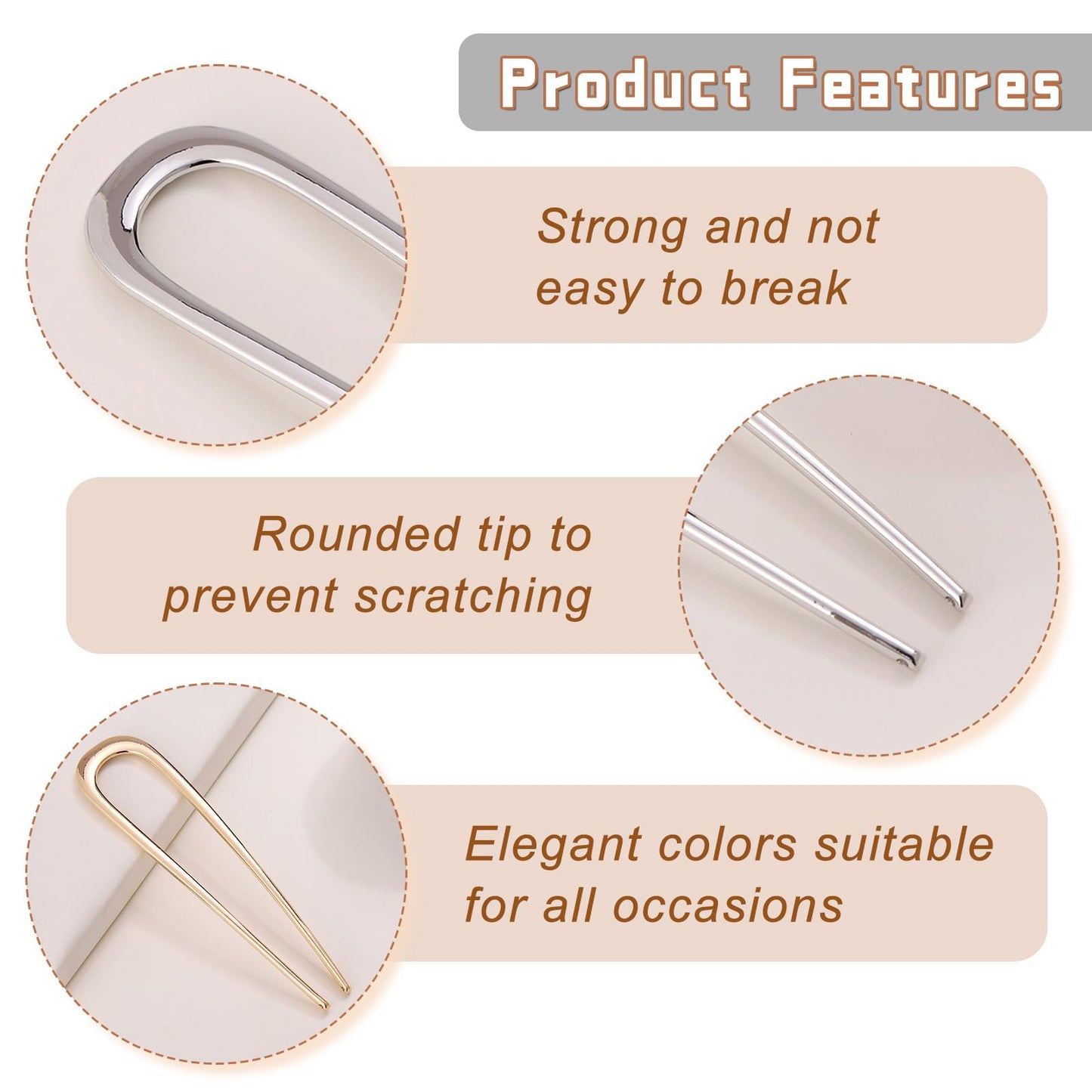 3Pcs French Hair Pins for Thick Hair, Metal French Twis Hair Pins for Women Girls, U-Shaped French Pin for Buns, 5.1 Inches Fren
