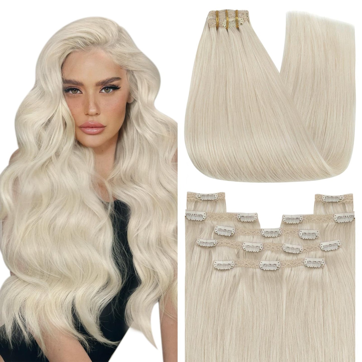 YoungSee 135G Clip in Hair Extensions Blonde Clip in Human Hair Extension Platinum Blonde Thick End Full Head Real Human Hair Ex