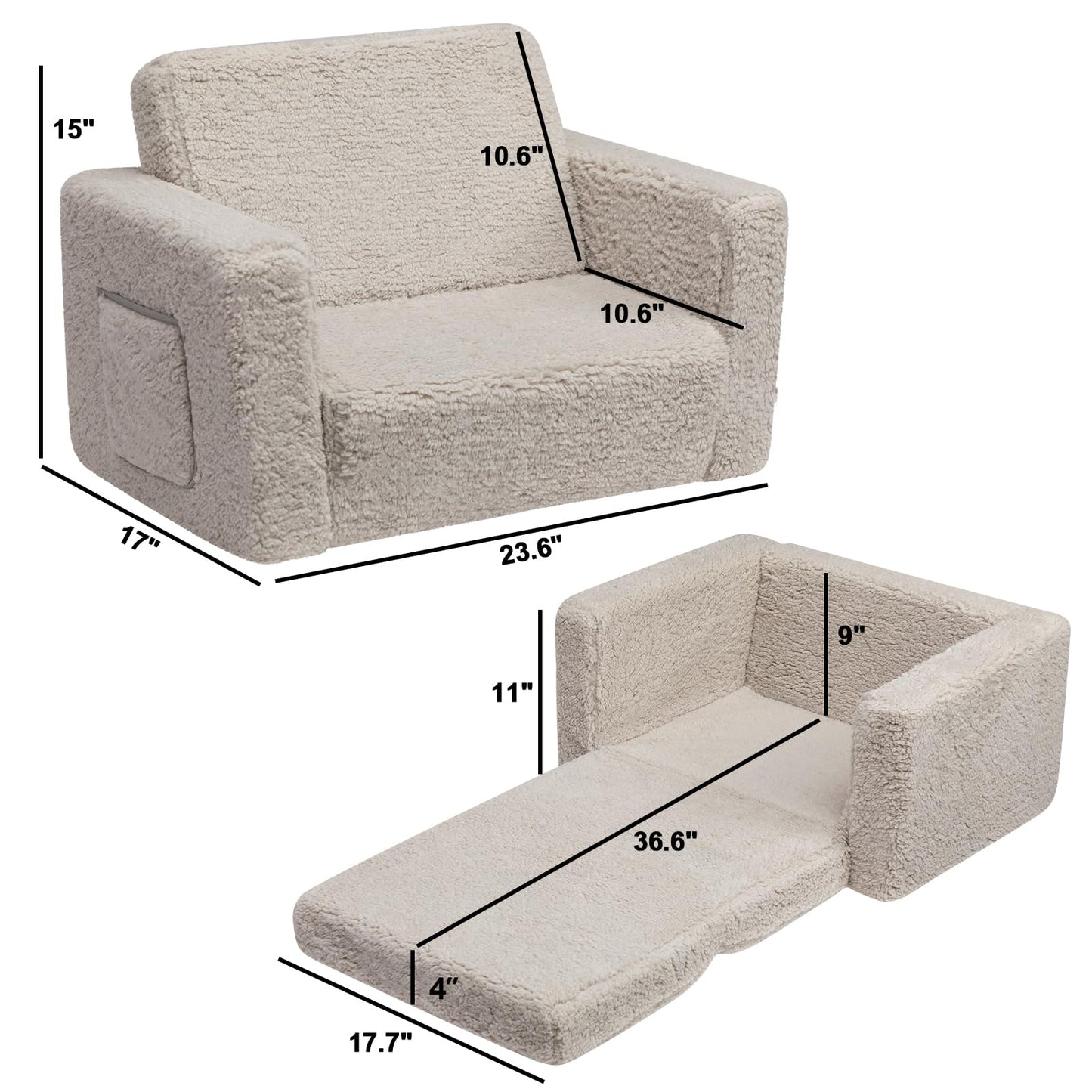 ALIMORDEN Kids Couch, 2-in-1 Fold Out Toddler Chair & Snuggly Foam Lounger Seat, Removable Washable Cover - Soft Reading Couch, Ideal Gift for for Boys and Girls, Light Grey