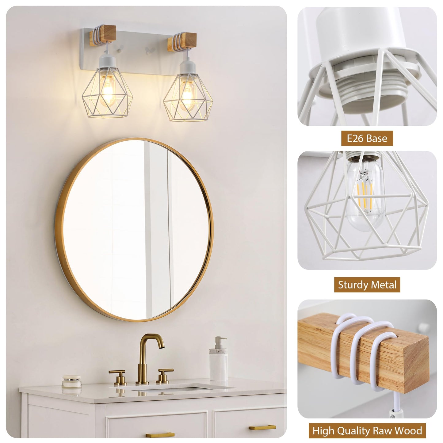 Farmhouse Vanity Light for Bathroom, 2-Light White Wood Bathroom Vanity Light Fixtures Over Mirror, Rustic Sconces Wall Lighting with Metal Lampshade for Living Room, Bedroom, Hallway