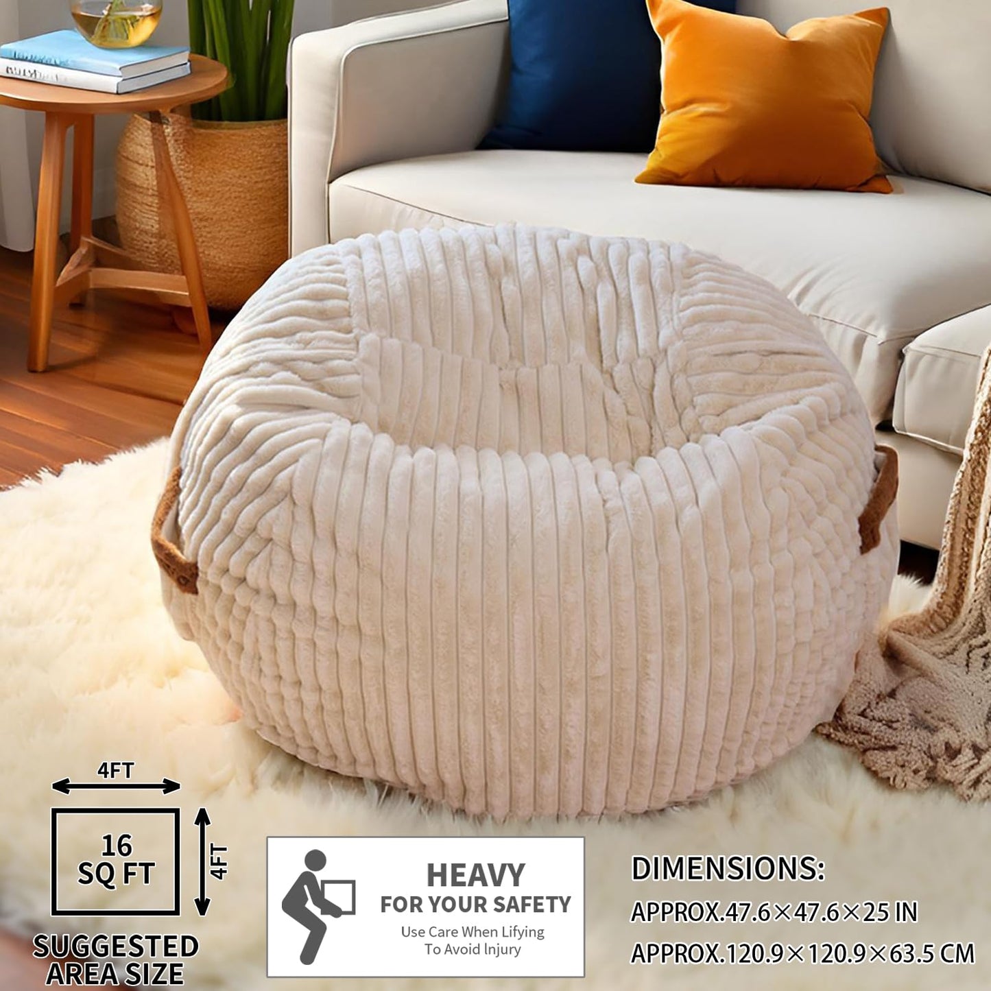 MinComfyWo 4ft Bean Bags Chair for Adults, Giant Beanbag Chair with Memory Foam Filled, Soft Comfy Large Bean Bag Couch Big Sofa Bed for Living Room Bedroom (Beige)