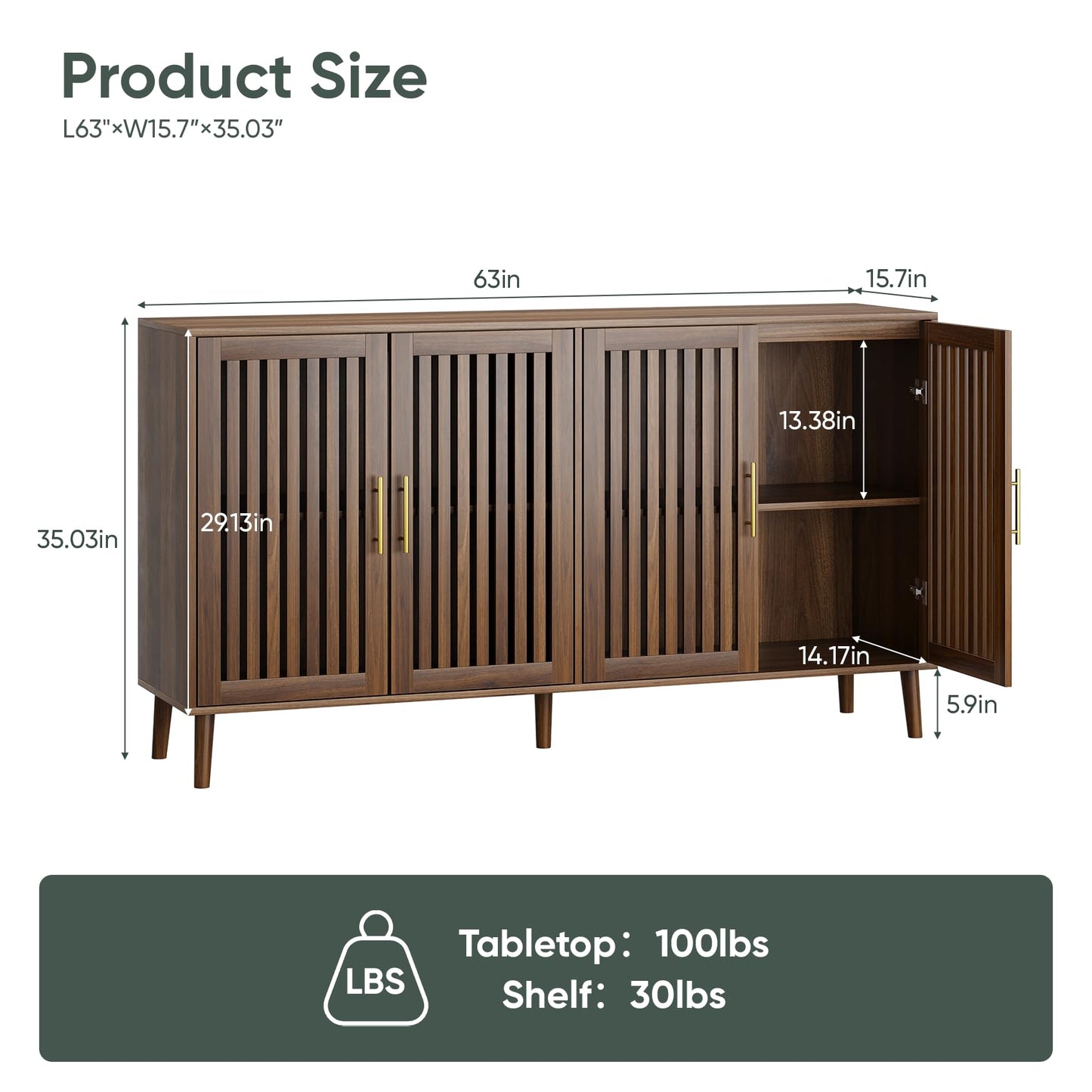 Smart FENDEE 63" Long Sideboard Buffet with 4 Louvered Doors, Farmhouse Buffet Storage Cabinet with Gold Handle, Coffee Bar Cabinet for Entryway, Kitchen, Dining Room, Living Room, Walnut Color