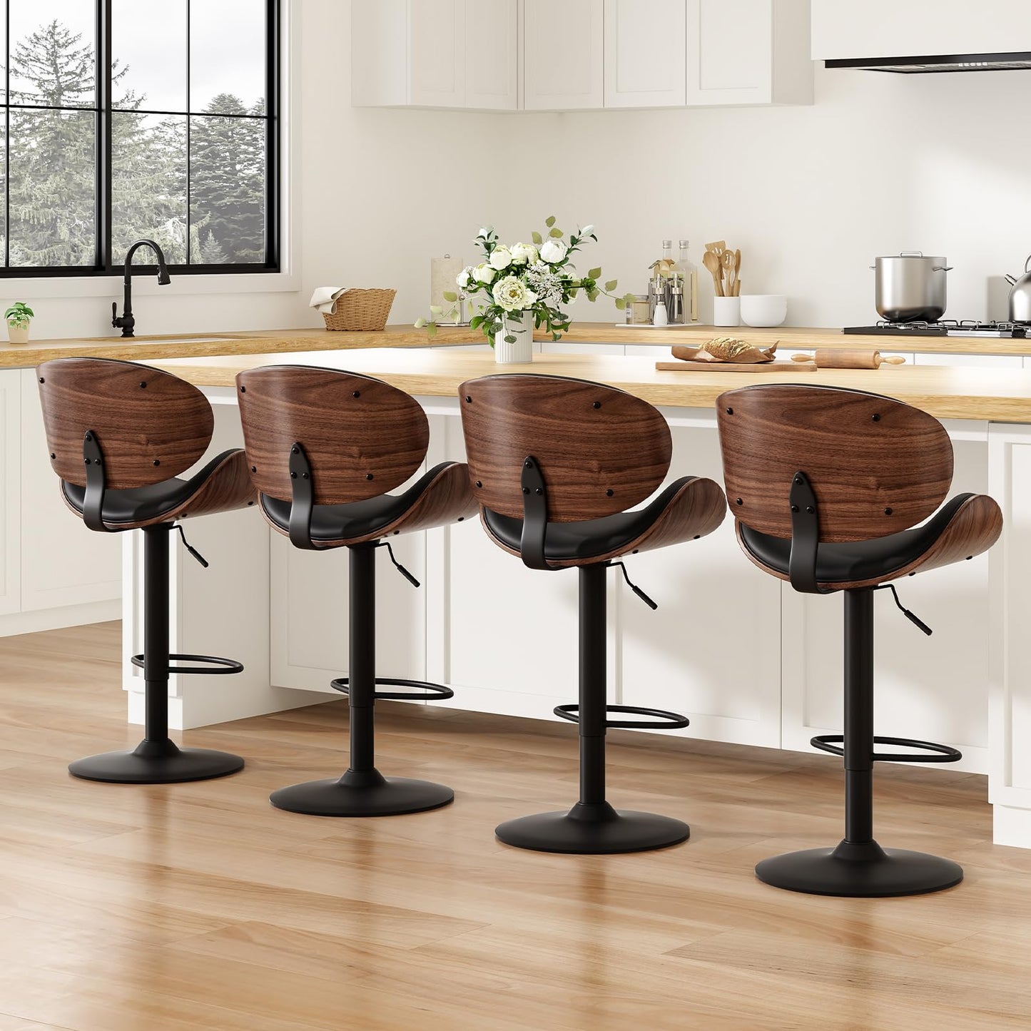 Farini Swivel Bar Stools Set of 2 Adjustable Height Bentwood Barstools with PU Leather Upholstered Seat, Backrest and Footrest,Modern Kitchen Counter Chairs for Bar, Dining Room,Black