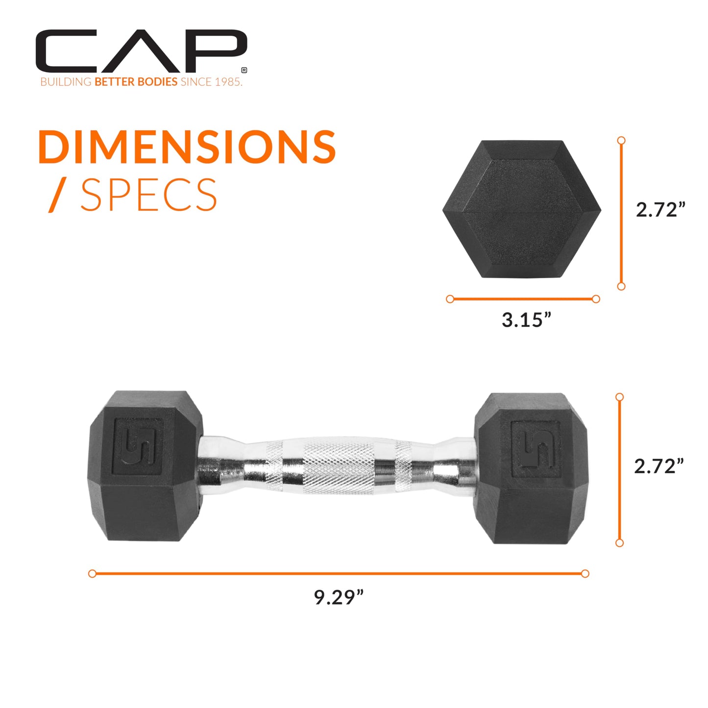 CAP Barbell 5 LB Rubber Coated Hex Dumbbell Hand Weight - Pair | Chrome Handle