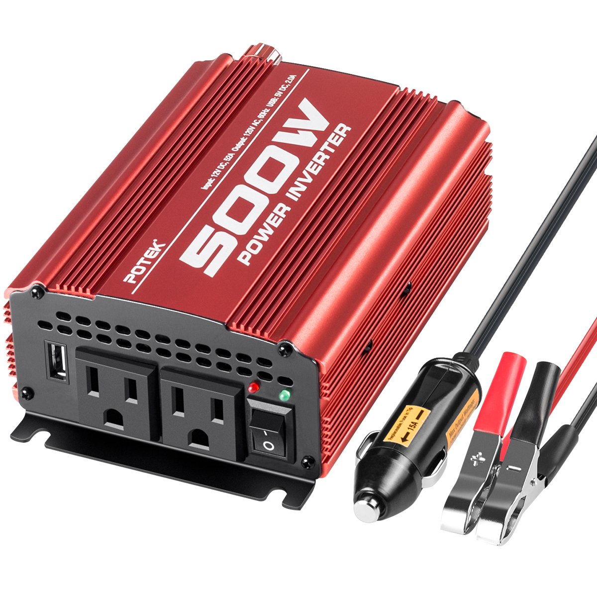 Potek 500W Car Power Inverter Dc 12V To Ac 110V With 2Ac Outlets And 2A Usb Port