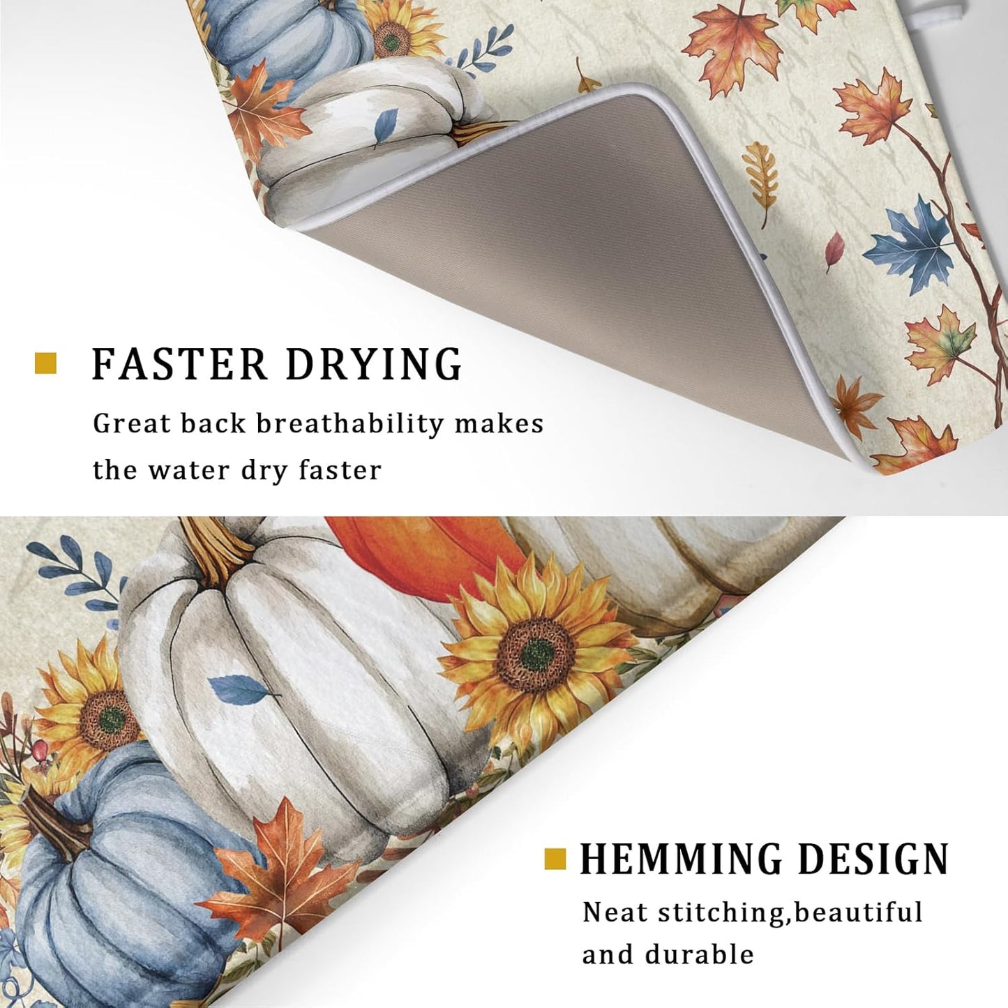 Fall Pumpkin Dish Drying Mat for Kitchen Counter 18x24 Inch Vintage Autumn Thanksgiving Absorbent Reversible Microfiber Dish Drainer Rack Mats Countertops Protector Mat