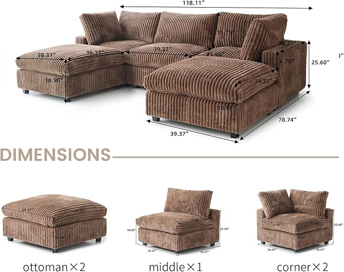 WJShome Cloud Couch Modular Sectional Sofa,118" Oversized U Shaped Couch with Ottoman,5 Seater Convertible Sofa,Comfy Plush Couches for Living Room,Covers Washable&Replaceable (Brown)