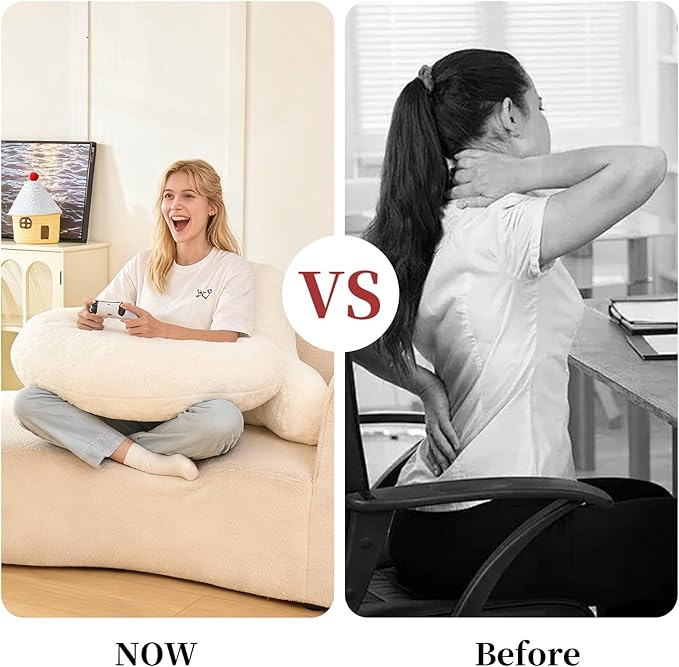 PAJEO Reading Pillow for Bed,U Shaped & Back Support Pillow for Bed,19" Backrest with Lumbar & Arm Support,Luxurious Faux Rabbit Fur,Gaming PillowFor Crochet/Reading/Watching TV,White