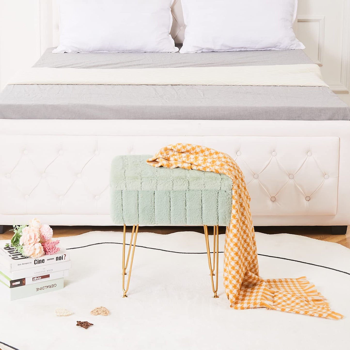 Wimarsbon Faux Mink Fur Storage Ottoman, Modern Soft Footstool, Storage Bench with Metal Legs, Vanity Seat, Fur Stool, Ottoman Coffee Table, Makeup Chair, Vanity Stools for Bedroom (Light Green)