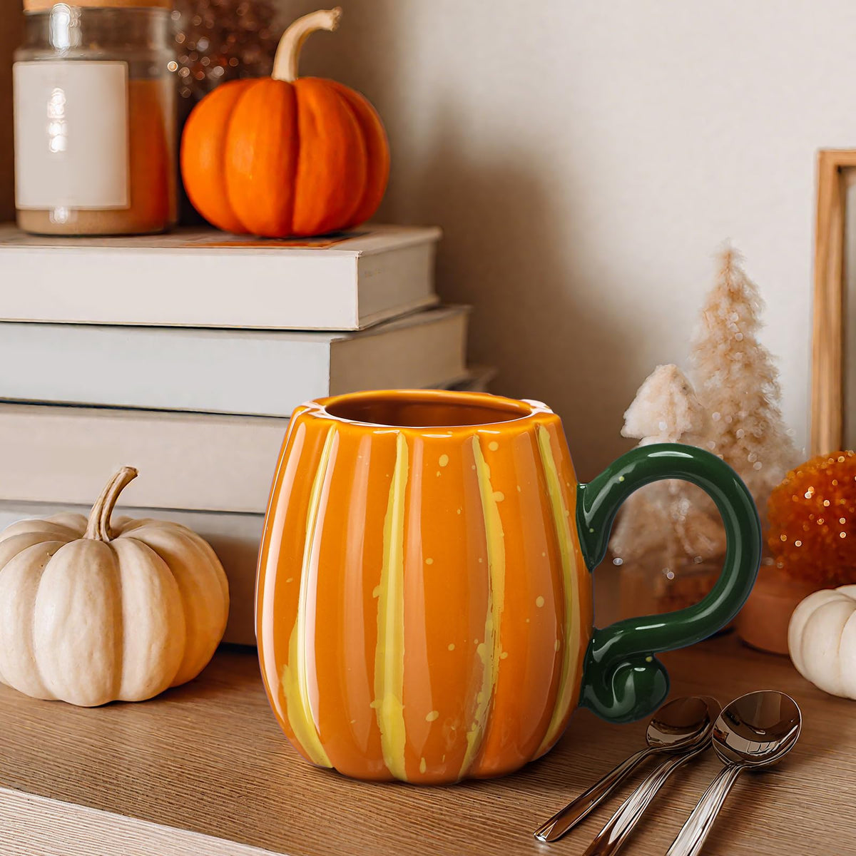 RimCereal 2 Pcs Fall Pumpkin Cup Ceramic Coffee Mugs 16 oz Thanksgiving Funny Tea Mug Autumn Halloween Birthday Gifts Decoration Food Theme for Family or Friend(Orange)