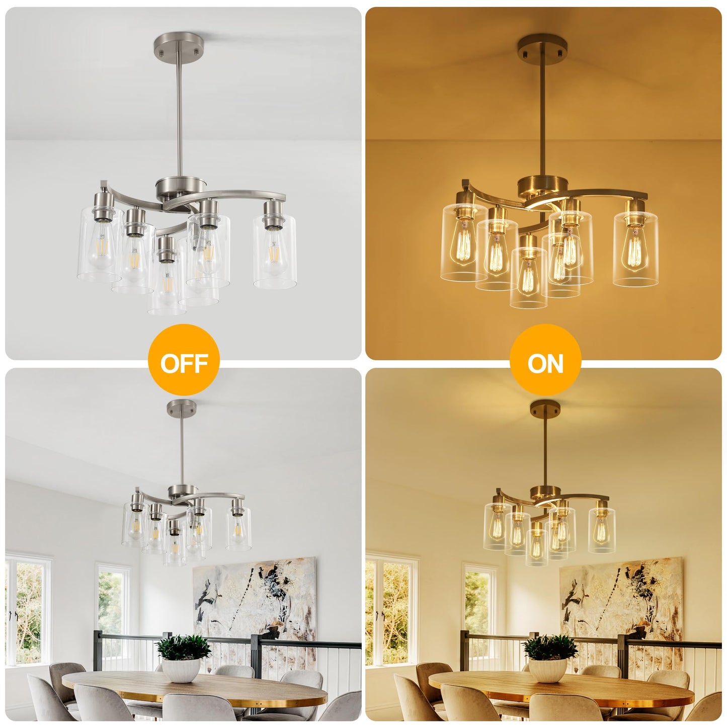 CNRATYE 6-Light Brushed Nickel Chandeliers for Dining Room Light Fixtures Over Table, Adjustable Height Hanging Industrial Pendant Lighting for Kitchen Island Bedroom, Clear Glass Shade