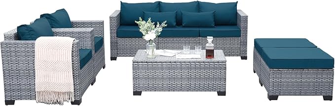 Lviden 6 Pieces Wicker Patio Furniture Sets Outdoor Conversation Set HDPE Rattan Sectional Sofa Couch with Storage Table and Peacock Blue Cushions