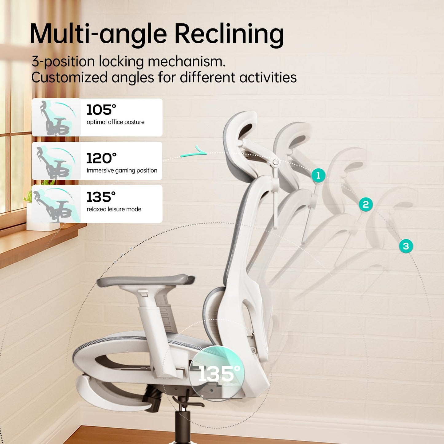 Hbada P2 Ergonomic Office Chair, Office Chair with 3D Lumbar Support, Mesh Chairs with 3D 360° Rotation Arm & 3D Headrest, 135° Stepless Tilt Function, White(with Footrest)