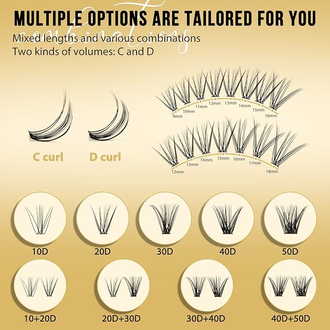 QUEWEL Lash Clusters 320Pcs Cluster Lashes 20D D Curl Lash Cluster Eyelash Extensions Mix12-18mm Individual Eyelashes Clusters Wispy Lash Clusters Thin Band Soft to Use at Home(20D D Mix12-18)