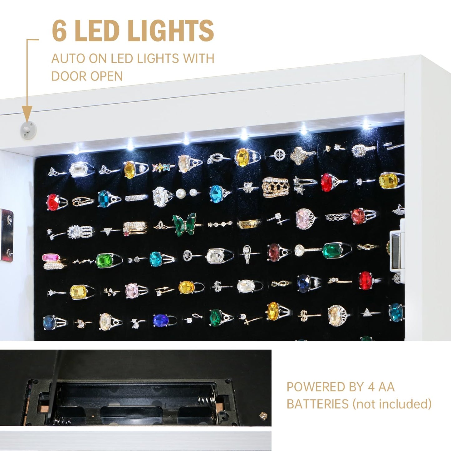 MASMIRE Jewelry Armoire Cabinet Organizer Standing with 20 LED Lights Lockable Full Length Mirror with Storage Shelves and 2 Drawers (White) Adjustable Tilt Angles Gift for Her
