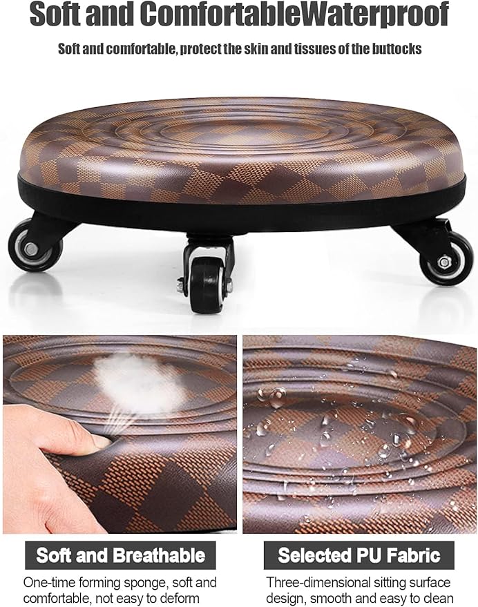 Lanstics Low Roller Seat Stool with Universal Swivel Wheels Leather Seat Chair on Wheels for Home Office Fitness (Brown)