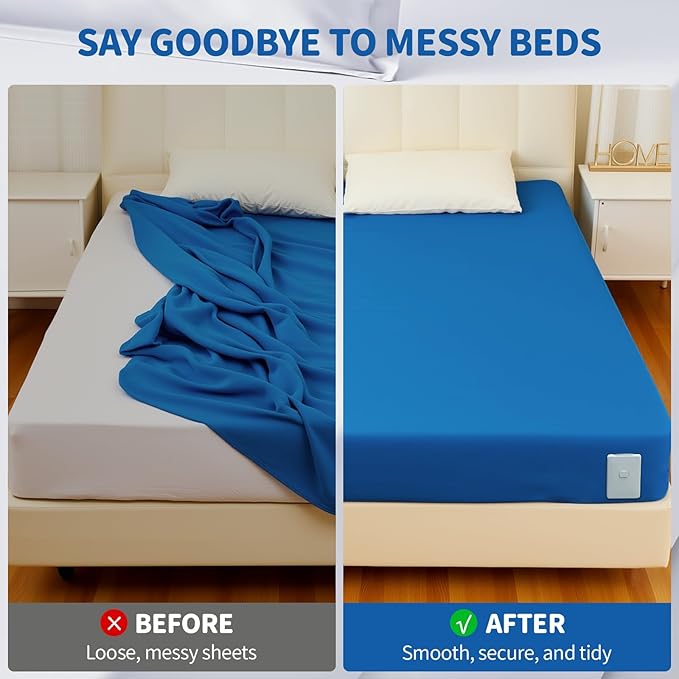 Bed Sheet Holder with Clips Lock, Open Corner Fitted Bedsheet Holders with Straps for Twin, Full, Queen, King Size Mattress, Keep Sheets Firm and Tight, No More Loose Sheets(Light Grey)
