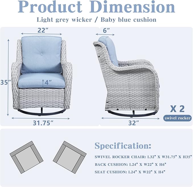Belord Outdoor Swivel Rcoker Patio Chairs - Outdoor Swivel Patio Chairs Set of 2 Wicker Chair Patio Furniture Sets with Covered Cushion for Porch Deck Balcony Garden, Baby Blue