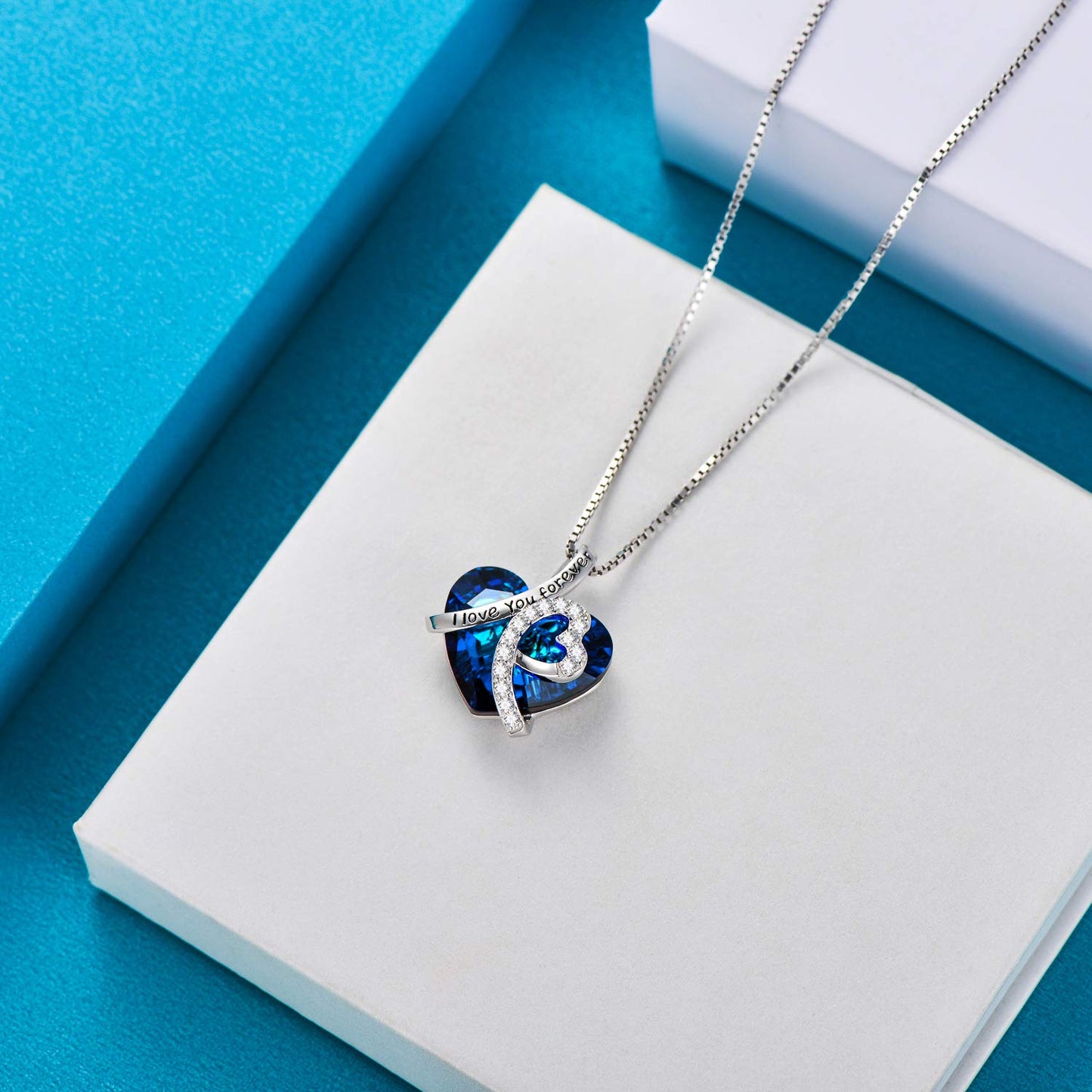 AOBOCO Mothers Necklace Gifts for Mom I Love You Forever Necklace 925 Sterling Silver Blue Heart Pendant for Women Jewelry for M