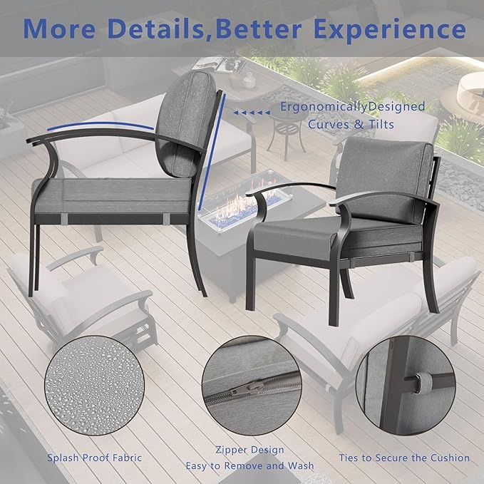 RTDTD Aluminum Outdoor Patio Furniture Set,5 Pieces 7 Seats Patio Conversation Sets with 45" Propane Fire Pit Table,Metal Patio Sectional Furniture Set w/5.1" Cushions for Porch,Deck,Backyard,Grey